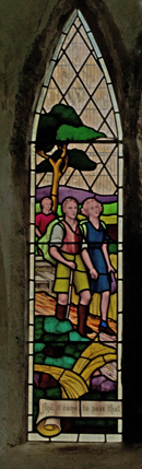 Part of the window depicting ramblers, Walesby Church/from a photo by Arnold Underwood, July 2012